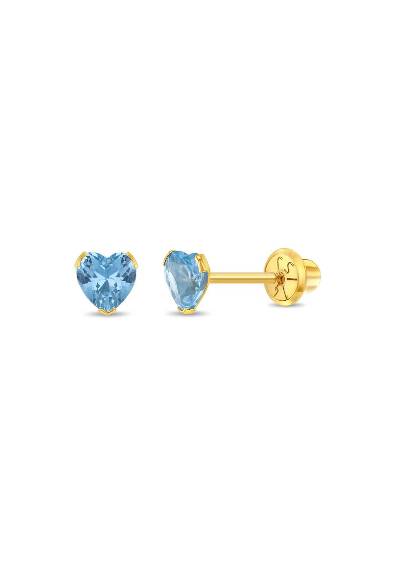 Bebe Gold 14K златни детски обеци - модел с рожден камък (рожден ден през март) - форма на сърце със светло син CZ камък - конец и защитно затваряне
