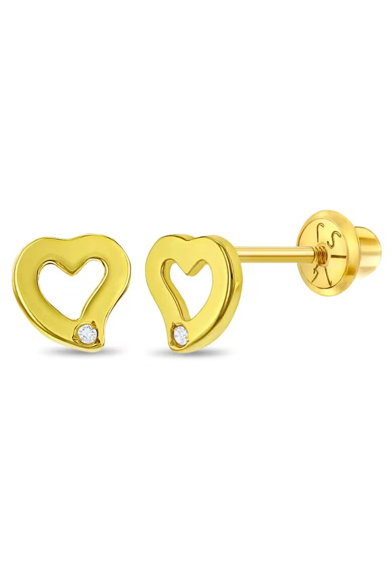 Bebe Gold 14K златни диамантени обеци във формата на сърце за бебета - малки деца и момичета - сигурно затваряне на винт