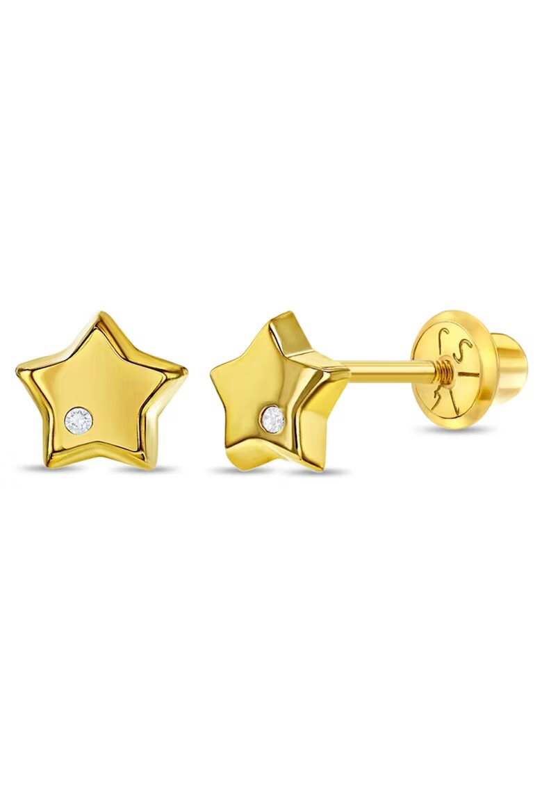 Bebe Gold 14k златни диамантени обеци във формата на звезда за бебета - малки деца и момичета - 5 mm - здраво затваряне на винт