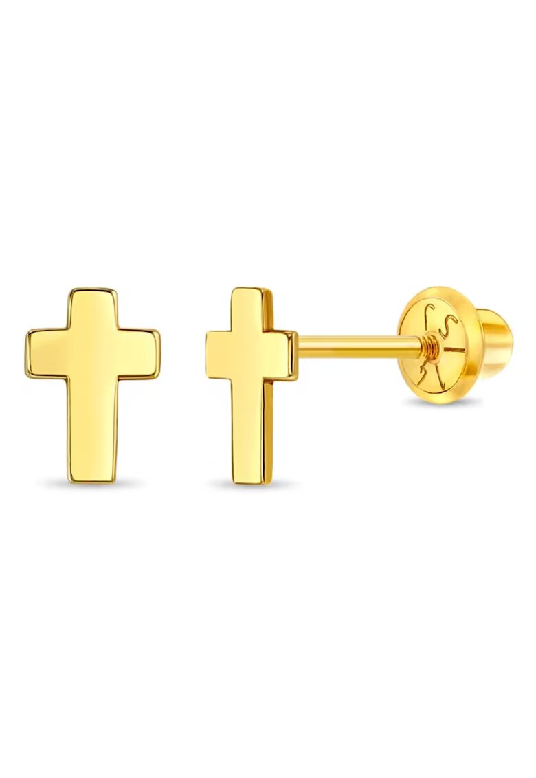 Bebe Gold 14k златни обеци с форма на кръст за бебета - малки деца и момичета - сигурно затваряне на винт