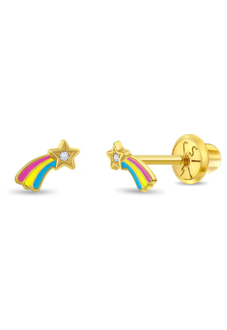 Bebe Gold 14K златни обеци за бебета и деца - модел падаща звезда с емайл и прозрачен CZ камък - закопчаване на винт и защита