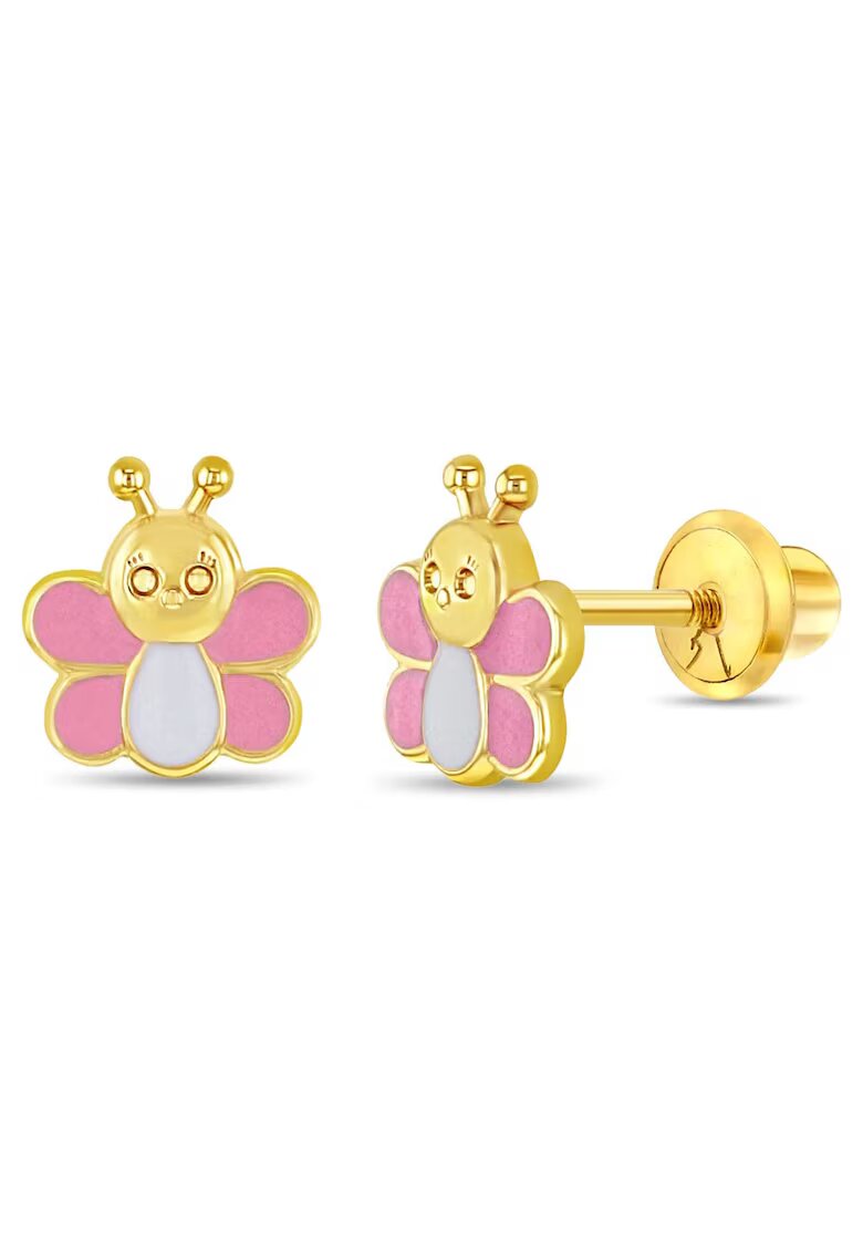 Bebe Gold 14K златни обеци за бебета - модел емайлирана пеперуда - конец и защитно затваряне
