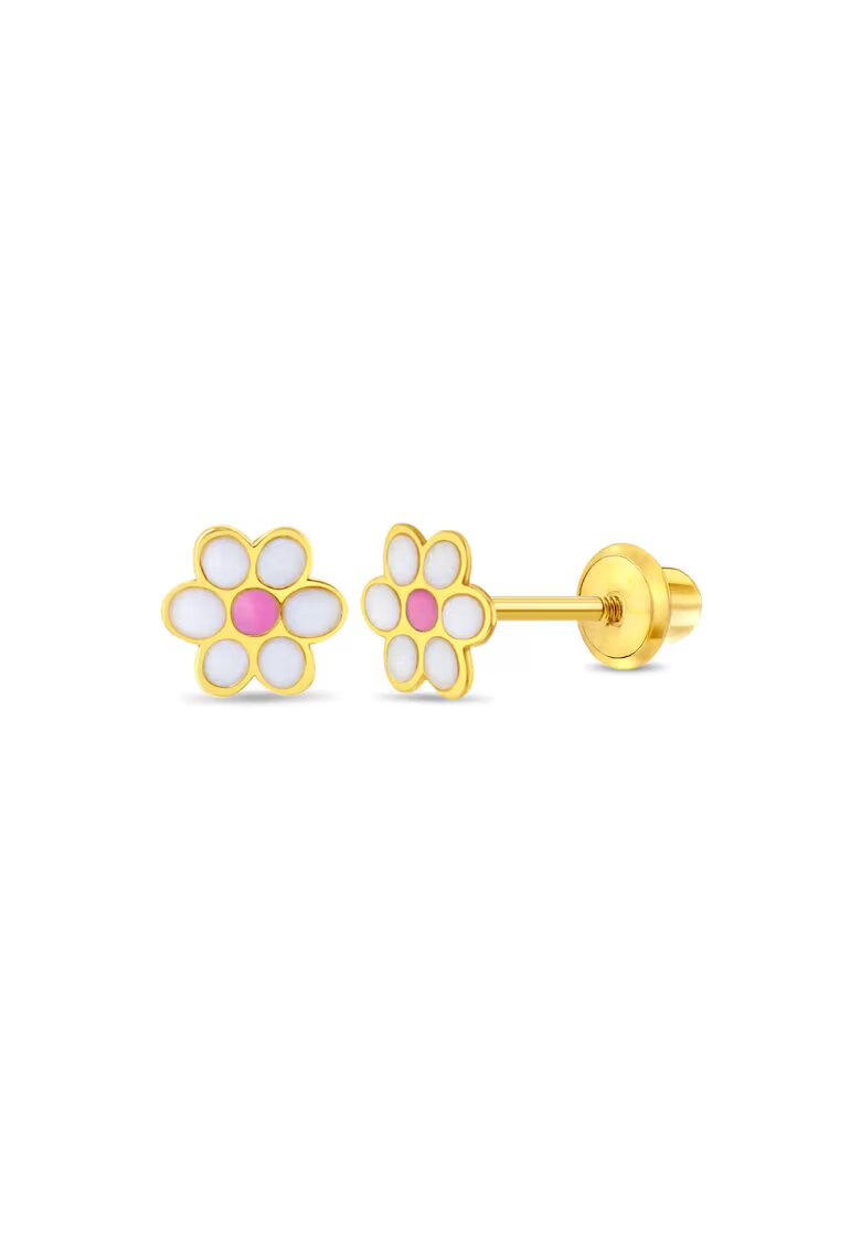 Bebe Gold 14K златни обеци за деца - емайлиран модел с цвете на маргаритка - резба и защитно затваряне