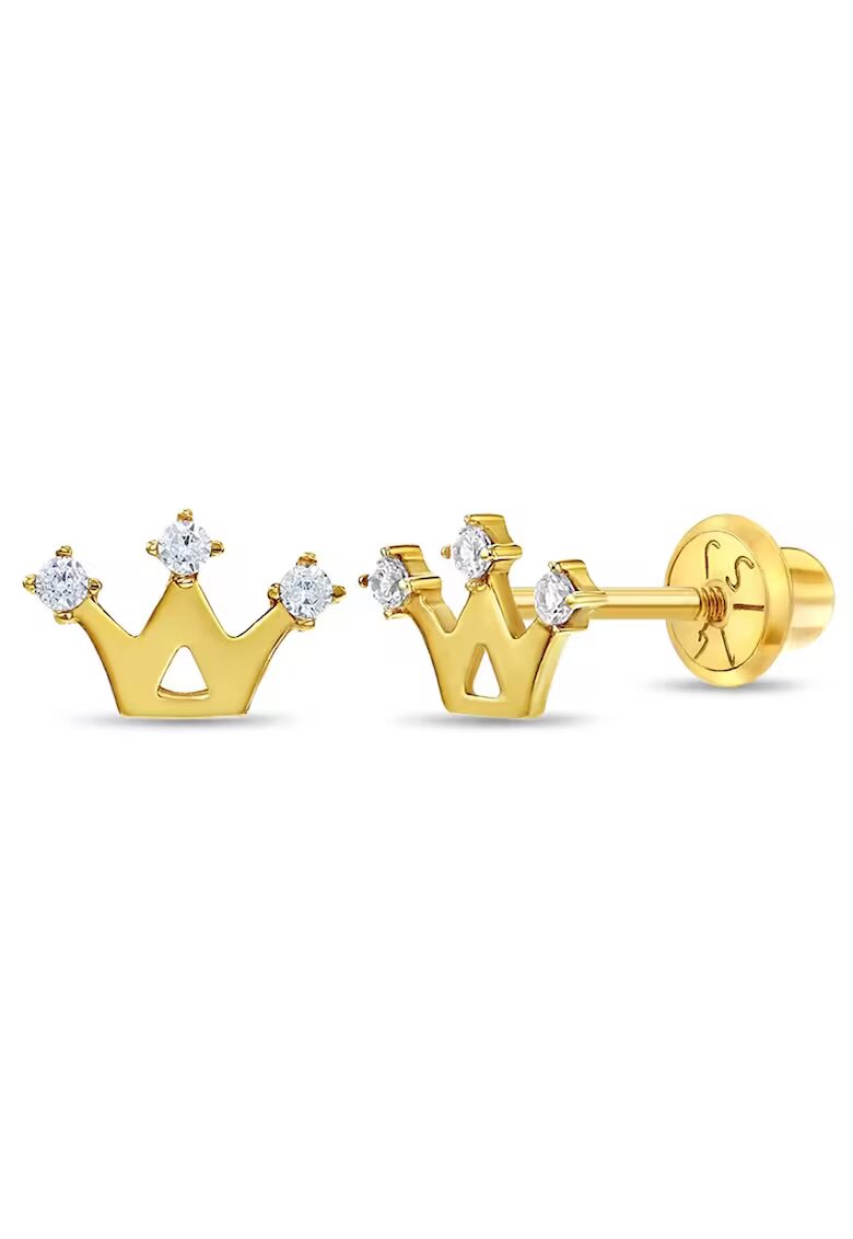 Bebe Gold 14K златни обеци за деца - форма на корона с CZ камъни - затваряне и защита на резба