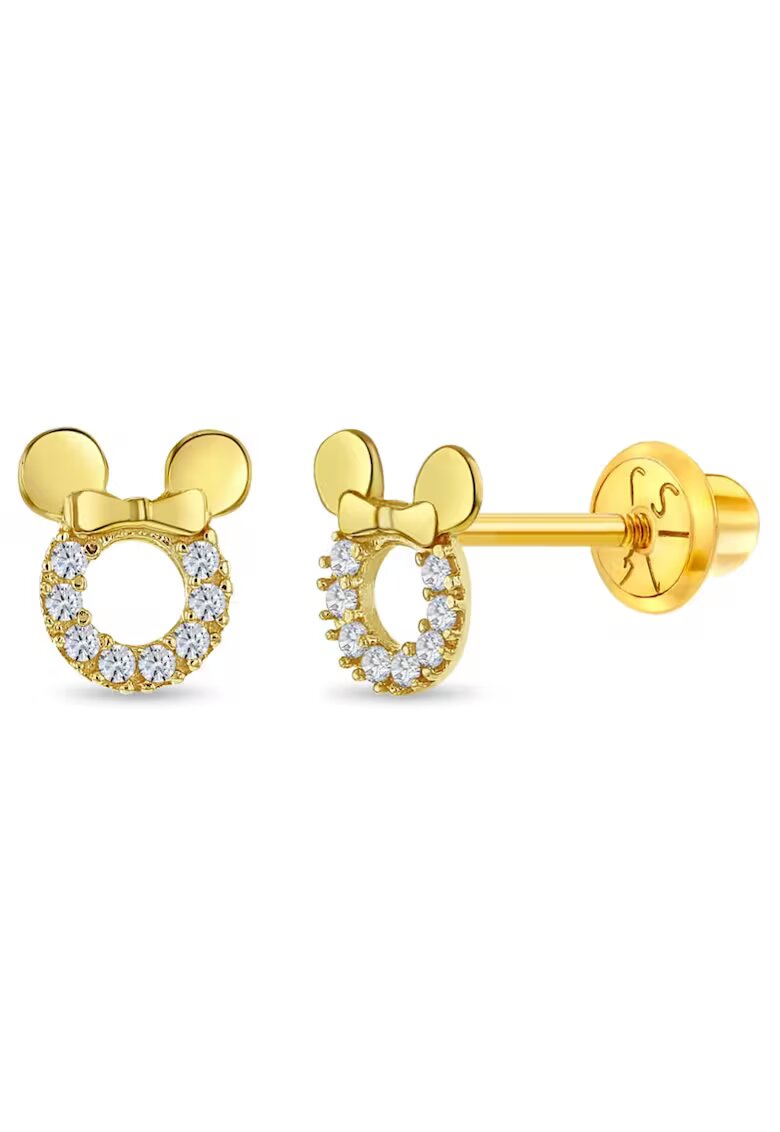 Bebe Gold 14K златни обеци за деца - форма на мини мишка с бели камъчета CZ - затваряне и защита на резба