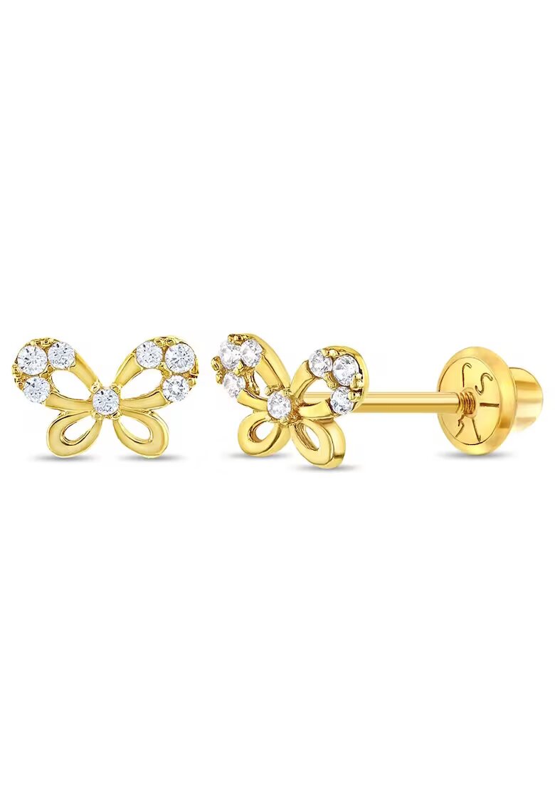Bebe Gold 14K златни обеци за деца - форма на пеперуда с CZ камъни - затваряне и защита на конец