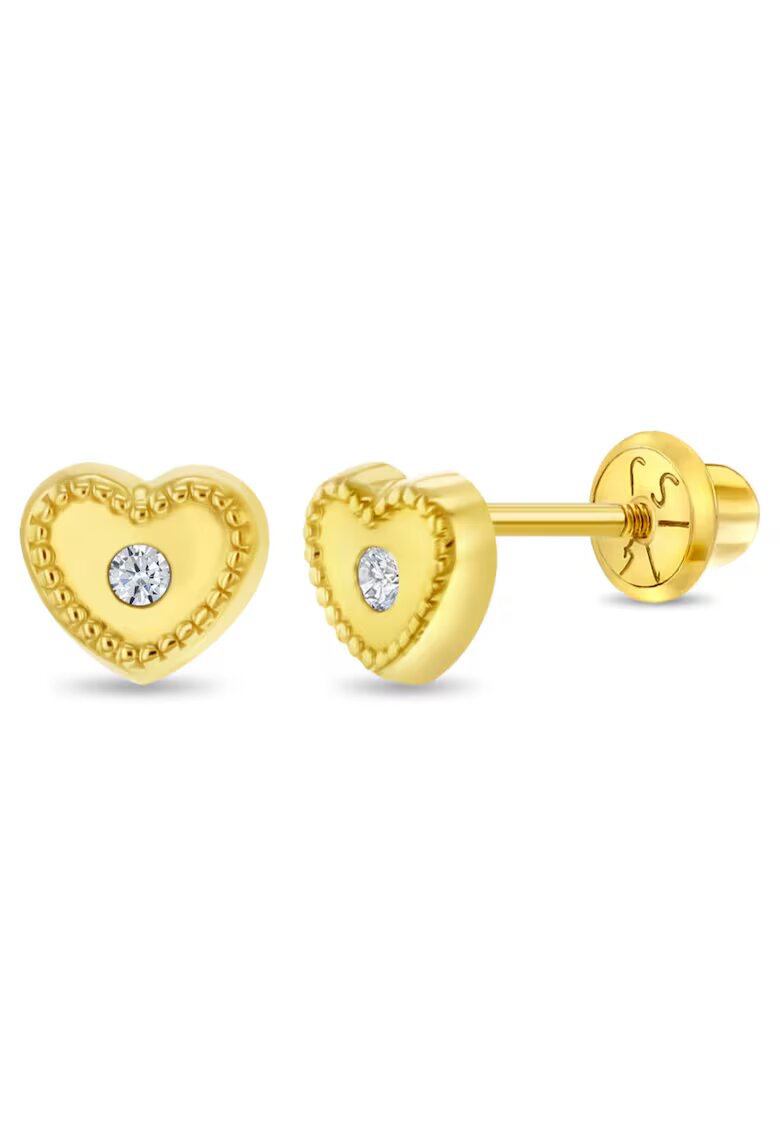 Bebe Gold 14K златни обеци за деца - модел сърце с централен CZ камък - винтово закопчаване и защита