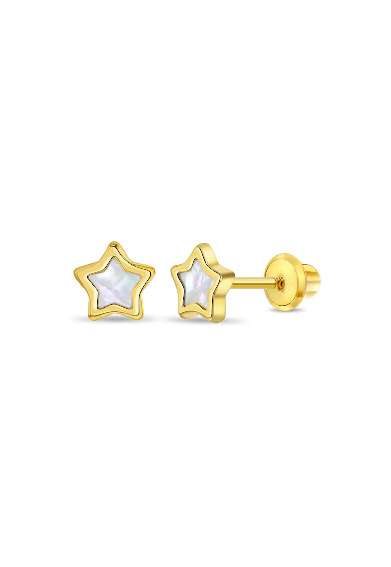 Bebe Gold 14K златни обеци за деца - с резба и защита - форма на звезда със седеф