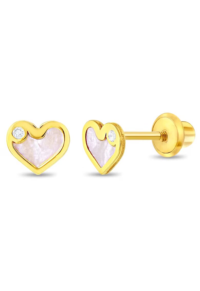 Bebe Gold 14K златни обеци за деца - във формата на сърце със седеф и CZ камък - затваряне и защита от конец