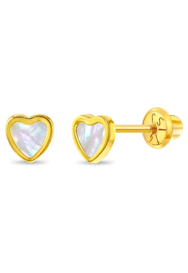 Bebe Gold 14k златни перлени обеци във формата на сърце - за бебета - малки деца и момичета - сигурно затваряне на винт