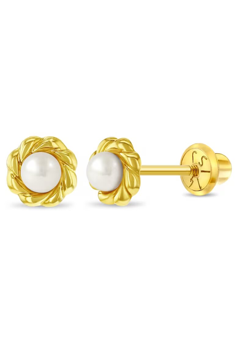 Bebe Gold 14K златни сладководни култивирани перлени обеци за деца - 3 мм - здраво затваряне на винт