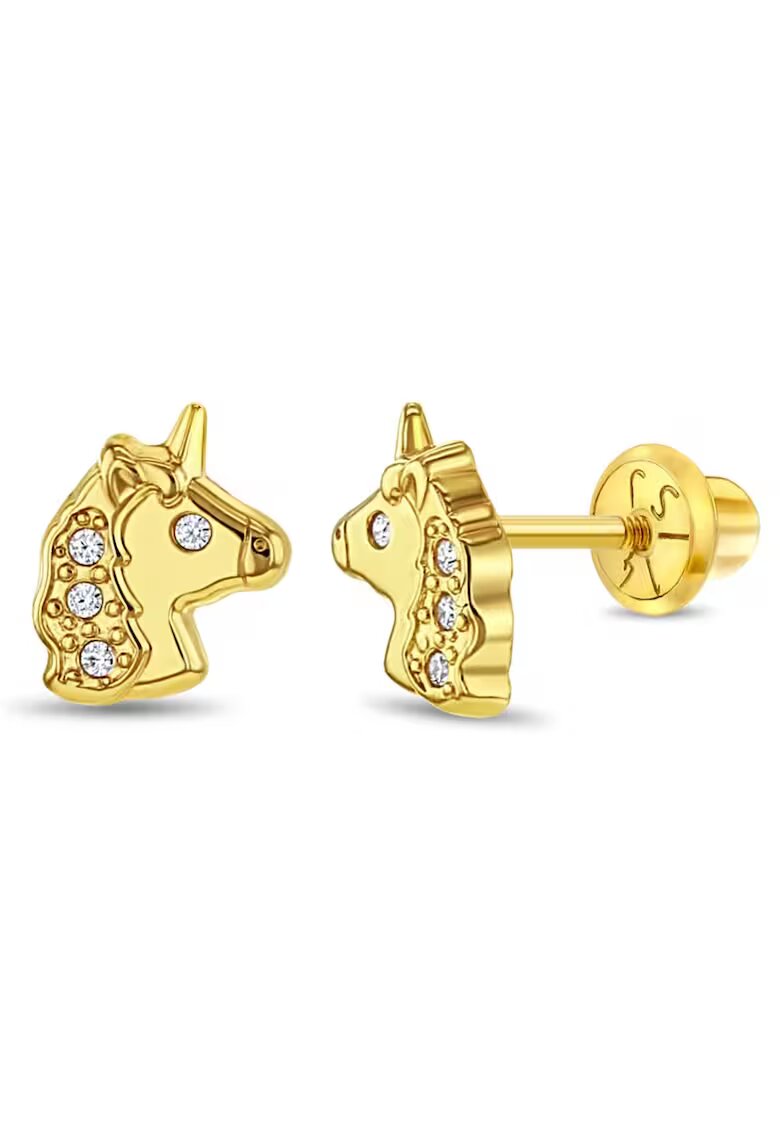 Bebe Gold Блестящи обеци с еднорог с прозрачен кубичен цирконий от 14K злато - за деца - здраво закопчаване на винт