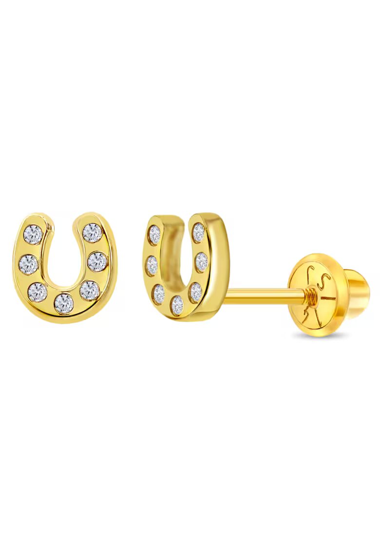 Bebe Gold Cercei din Aur 14K pentru Bebelusi si Copii - model Potcoava Norocoasa cu Pietre CZ clare - inchidere cu Filet si Protectie