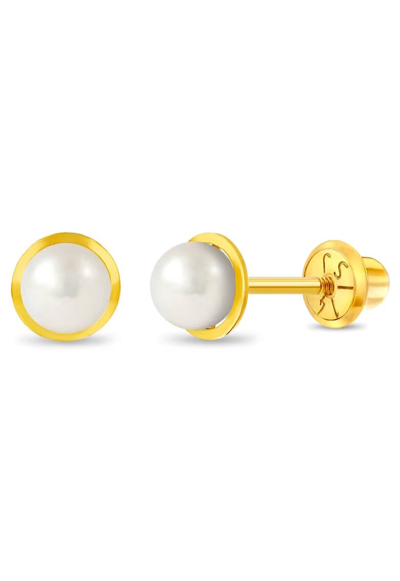 Bebe Gold Деликатни 14-каратови златни обеци с 6 мм сладководна култивирана перла за деца със сигурно закопчаване на винт