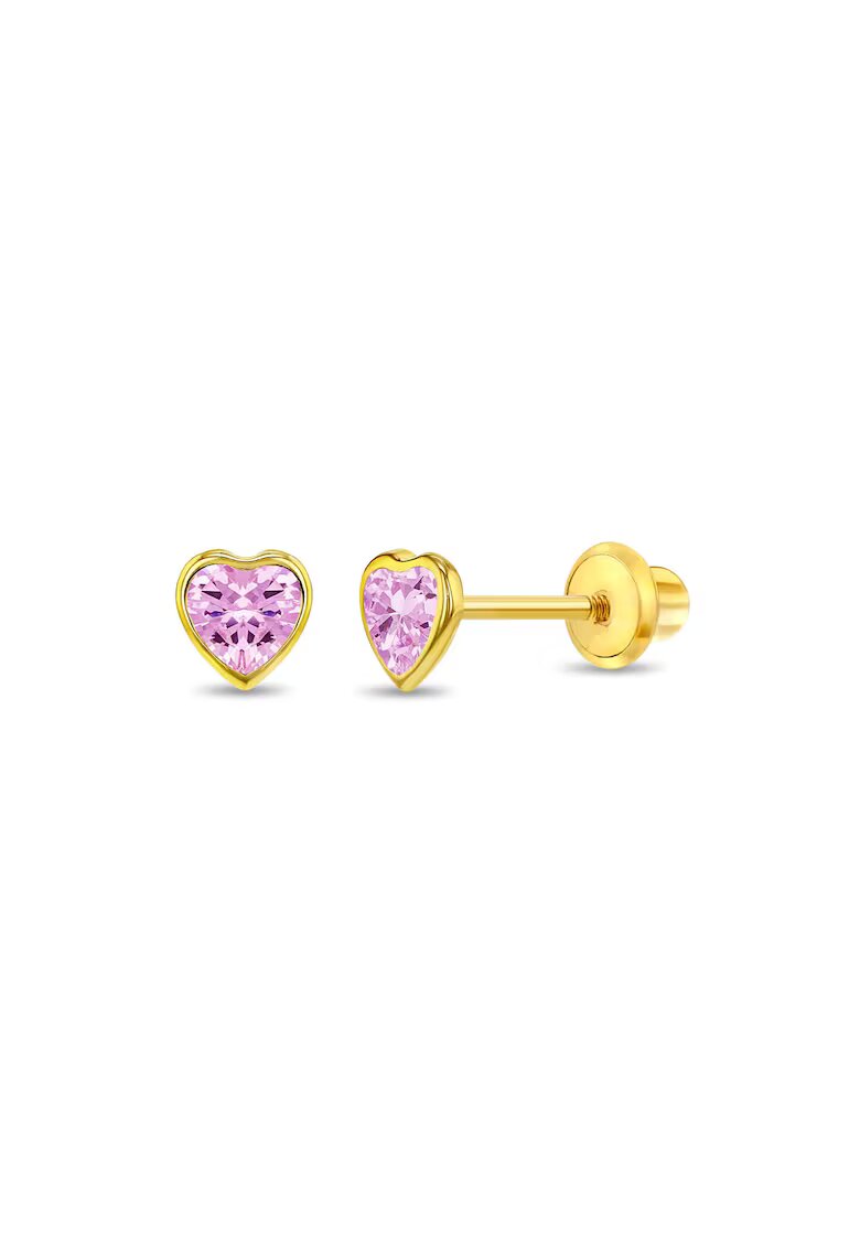 Bebe Gold Детски обеци от 14-каратово злато - бебешки модел сърце - форма на сърце с розов CZ камък - резба и защитно затваряне