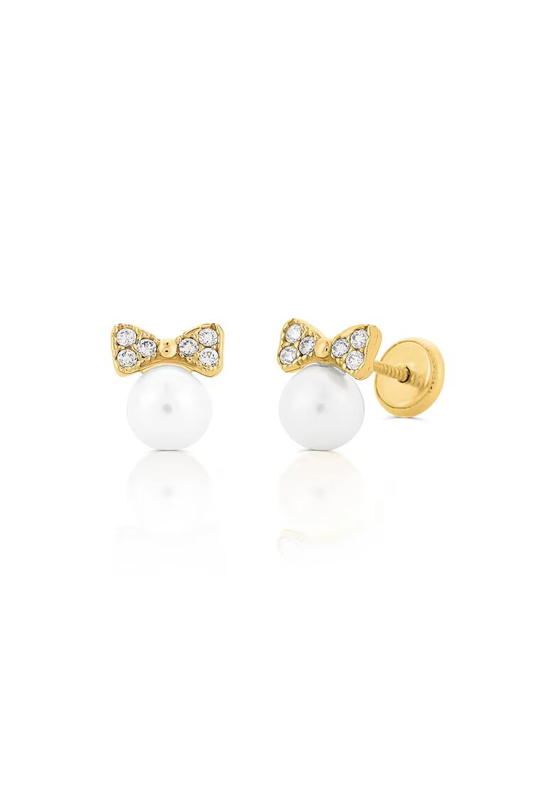 Bebe Gold Детски обеци от 14-каратово злато - модел от 5 мм култивирана перла и панделка с бели CZ камъни - конец и защитно затваряне
