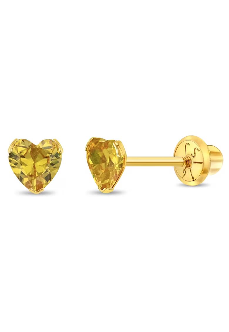 Bebe Gold Детски обеци от 14-каратово злато - модел с рожден камък - рожден ден през ноември - форма на сърце с жълт CZ камък - конец и защитно затваряне