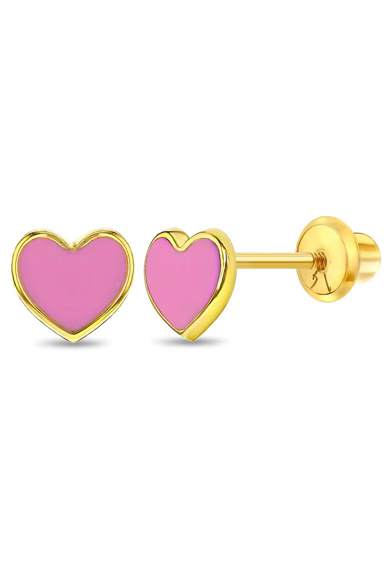 Bebe Gold Детски обеци от 14-каратово злато - модел сърце с розов емайл - затваряне и защита от конец