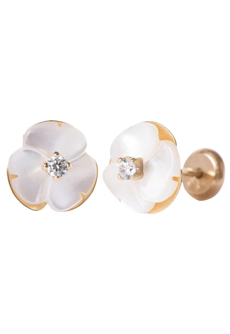 Bebe Gold Детски обеци от 14-каратово злато - шарка на седефено цвете и бял CZ камък - резба и защитно затваряне