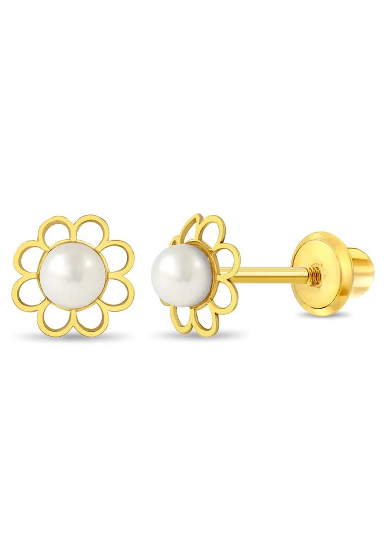 Bebe Gold Детски обеци от 14K злато - модел на цветя с култивирана перла - с резба и защита