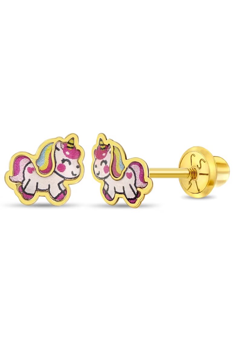 Bebe Gold Еднорог и многоцветни емайлирани обеци за деца от 14K злато - здраво закопчаване на винт