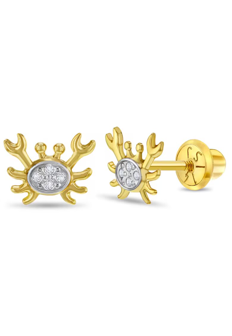 Bebe Gold Обеци от 14К двуцветно злато за бебета и деца - модел любопитен рак с прозрачни циркониеви камъни - закопчаване на винт и защита