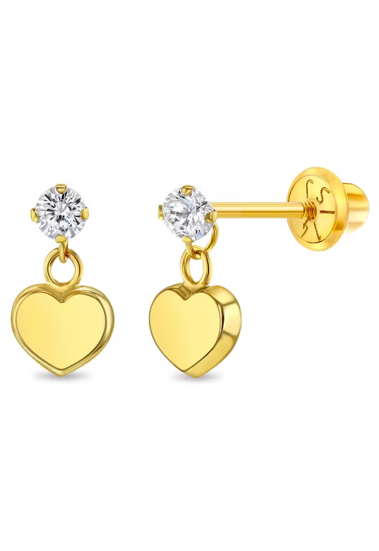 Bebe Gold Обеци от 14К Злато за Бебета и Деца - модел Heart Dangle с прозрачен CZ Камък - закопчаване с винт и защита