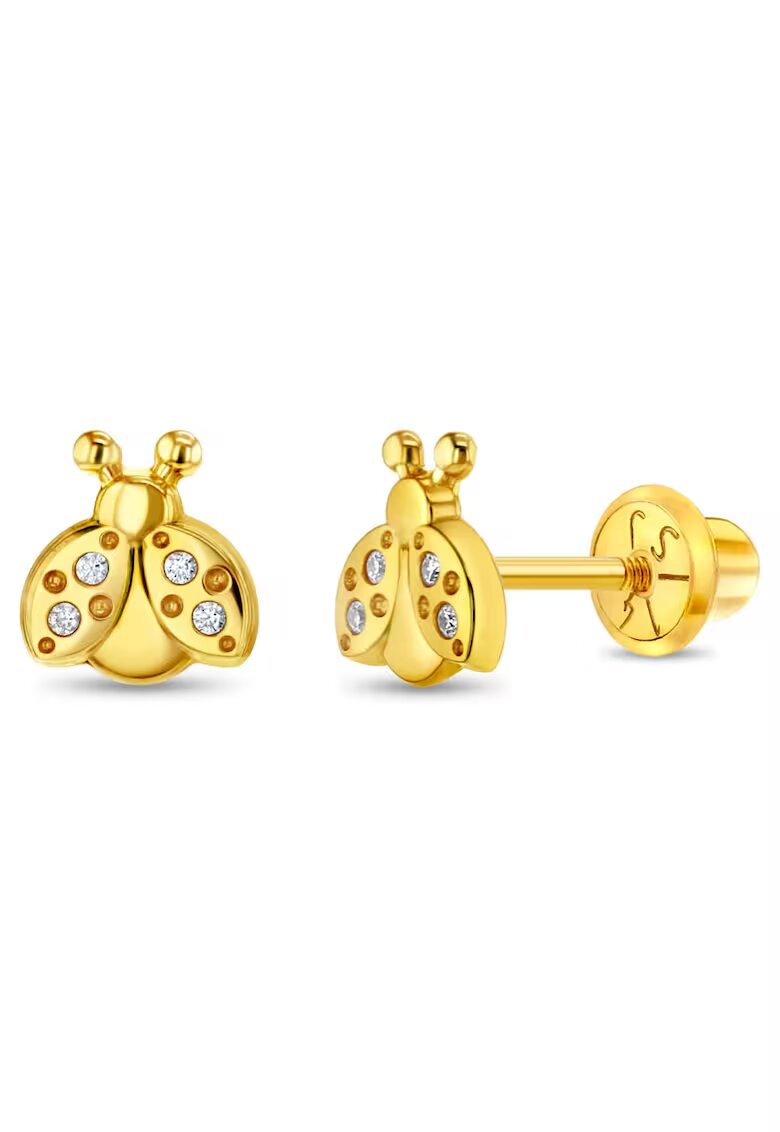 Bebe Gold Обеци от 14К злато за бебета и деца - модел Калинка с CZ камъни - закопчаване с винт и защита