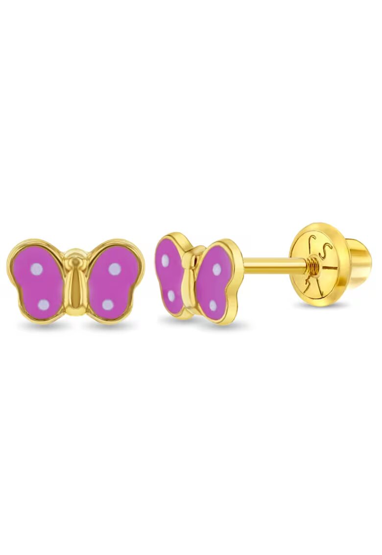 Bebe Gold Обеци пеперуди с розови и бели емайлирани точки от 14K злато - здраво закопчаване на винт