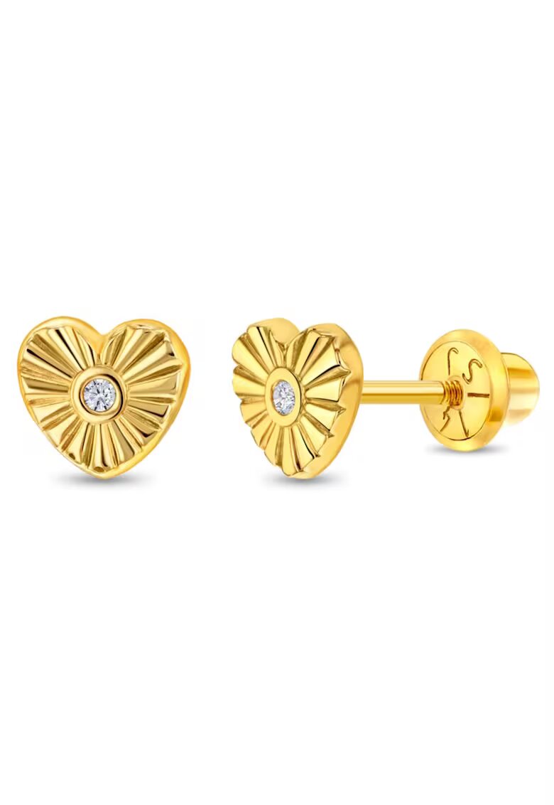 Bebe Gold Обеци със сърце и слънчев лъч - 14k злато - прозрачен кубичен цирконий - здраво затваряне на винт