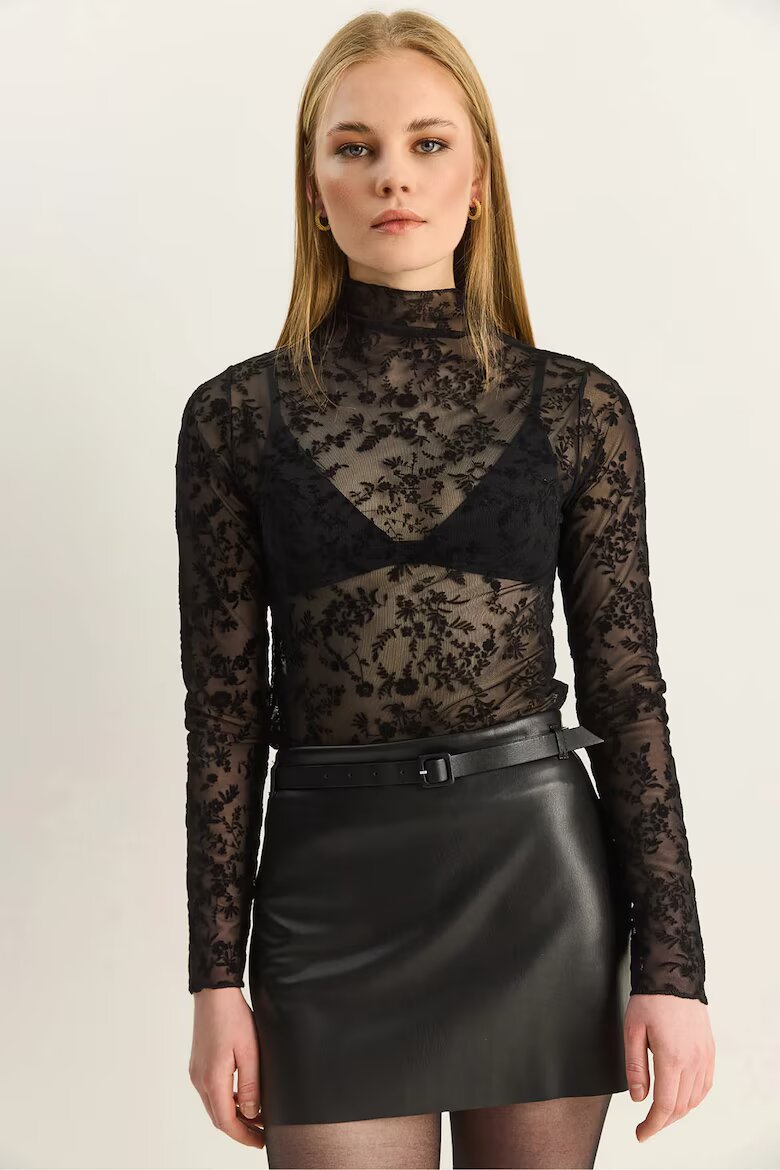 Bianco Lucci Дамска блуза Floral Slim Fit черна текстил