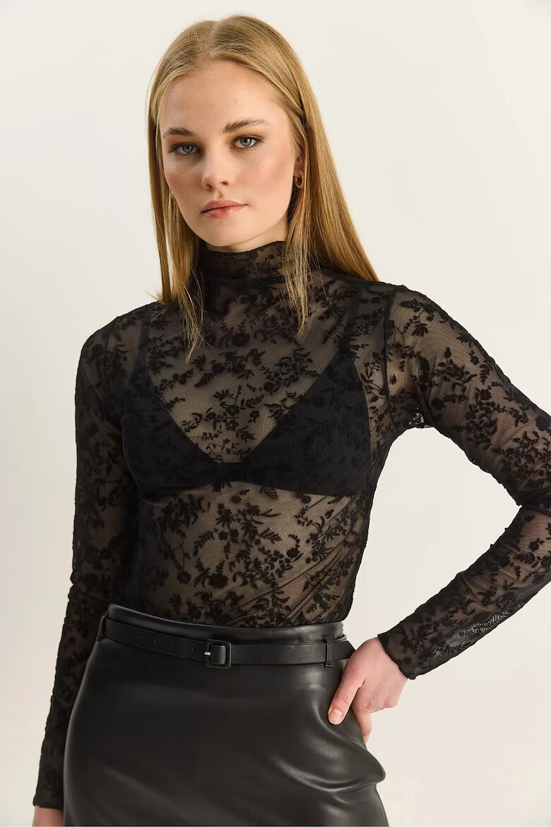 Bianco Lucci Дамска блуза Floral Slim Fit черна текстил