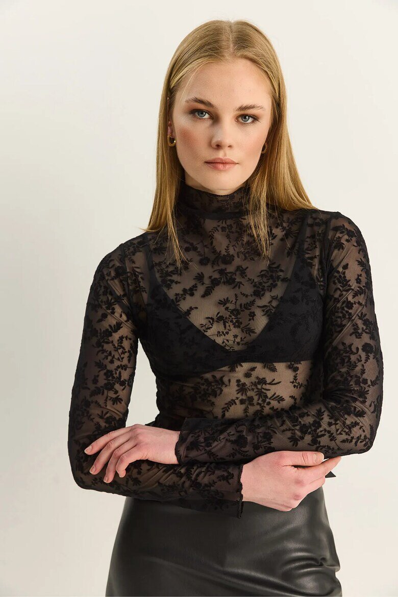 Bianco Lucci Дамска блуза Floral Slim Fit черна текстил