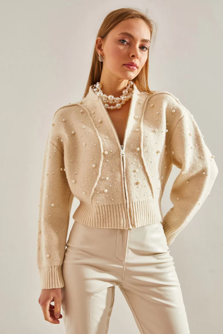 Bianco Lucci HiCCUP жилетка къса с цип текстуриран модел плетена Beige Natural