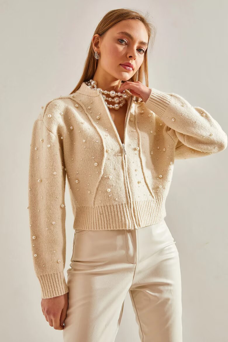Bianco Lucci HiCCUP жилетка къса с цип текстуриран модел плетена Beige Natural