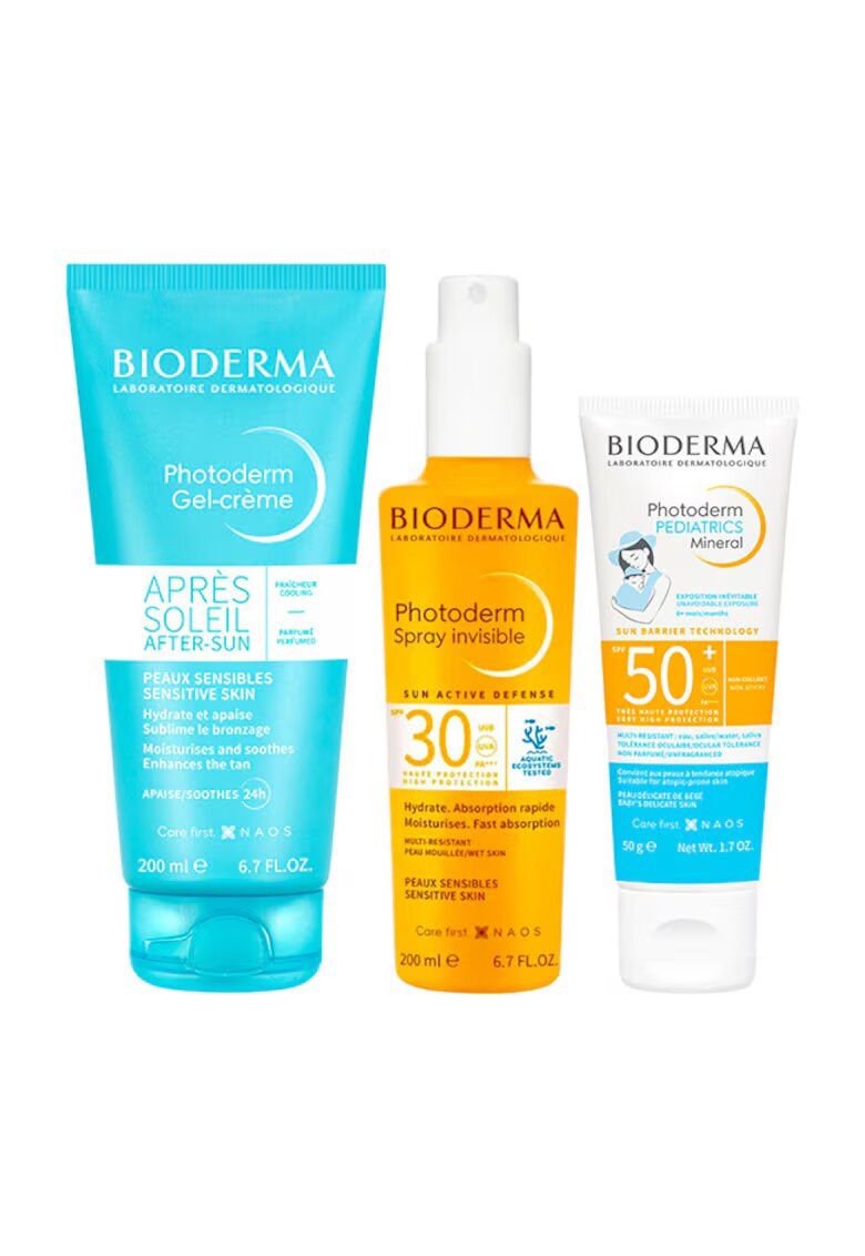 Bioderma Photoderm Семеен пакет – Спрей SPF 30 200 мл - Крем за след слънце 200 мл - Минерален детски крем SPF 50+ - 50 г