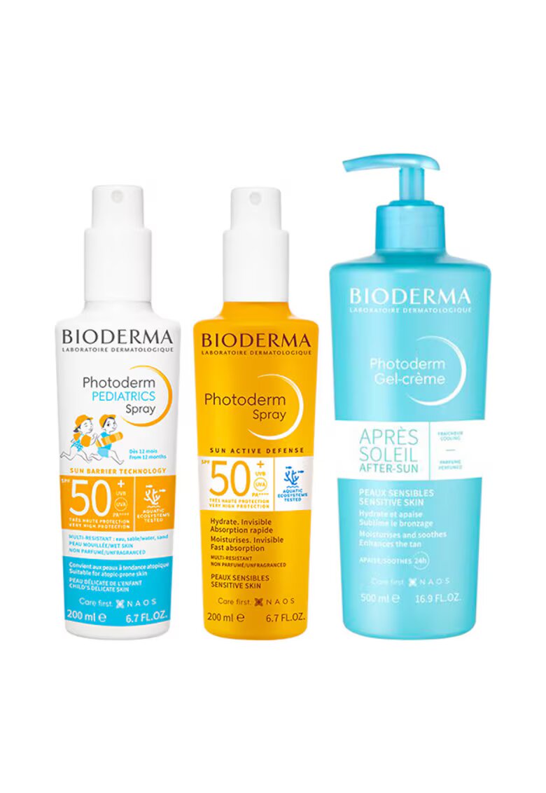 Bioderma Photoderm SPF 50+ Семеен пакет – Спрей за деца 200 мл - Спрей за възрастни 200 мл - Гел-крем за след слънце - 500 мл