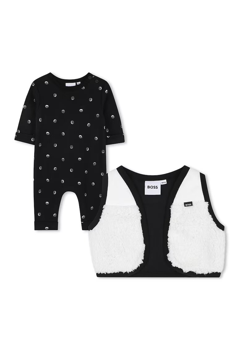 BOSS Kidswear Гащеризон с десен и пухен елек - 2 части - Бял/Черен