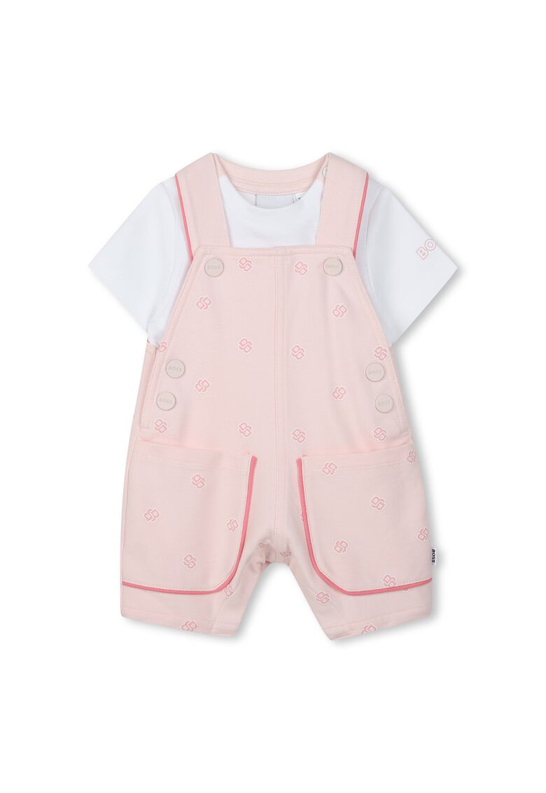 BOSS Kidswear Гащеризон с десен и тениска - 2 части - Бял/Светлорозов