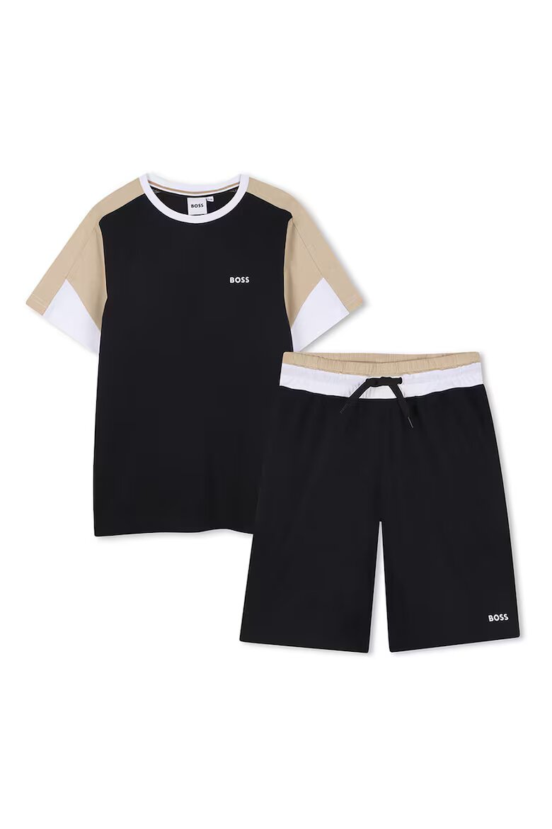 BOSS Kidswear Памучна тениска и бермуди с лого Черен/Бежов