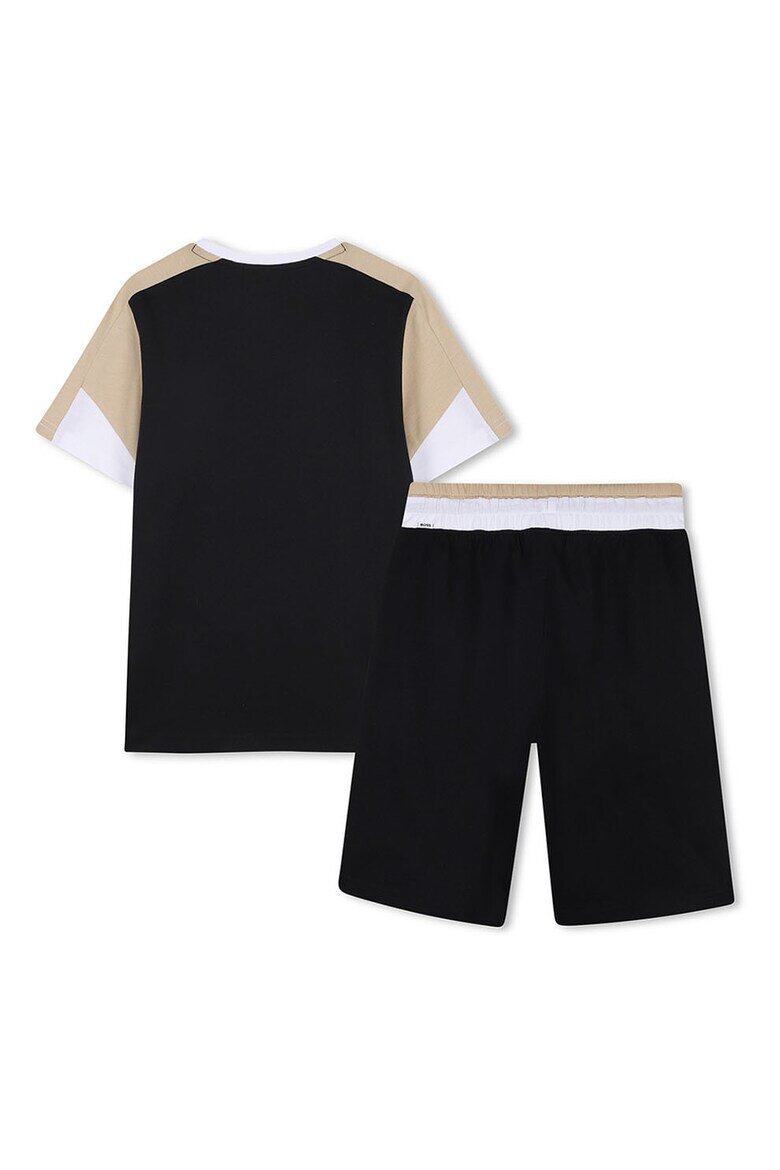 BOSS Kidswear Памучна тениска и бермуди с лого Черен/Бежов