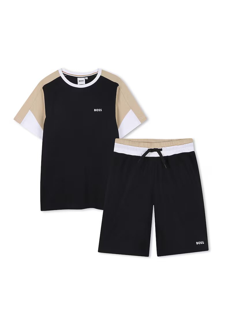 BOSS Kidswear Памучна тениска и бермуди с лого - Черен/Бежов