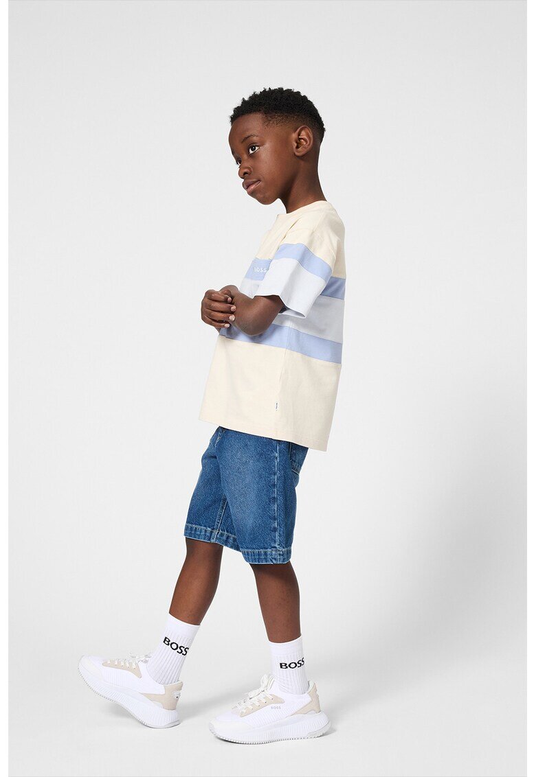 BOSS Kidswear Раирана тениска от пике - Син/Светло бежово