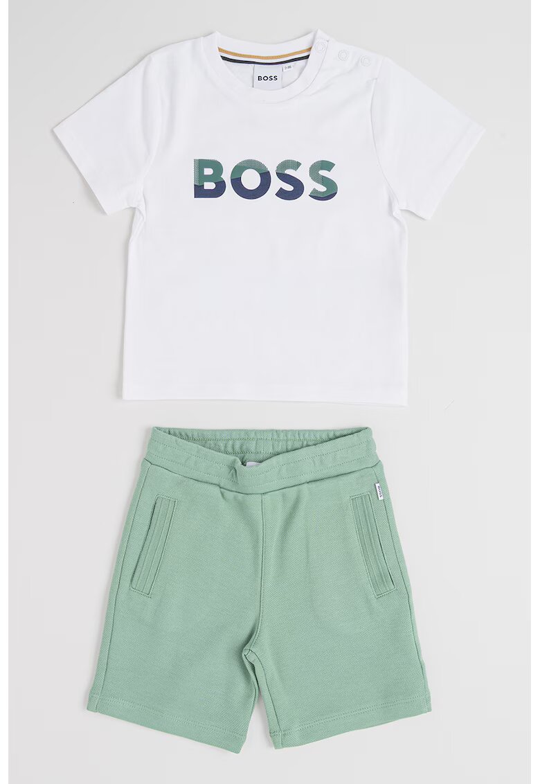 BOSS Kidswear Тениска и бермуди от памук - Бледозелен/Бял