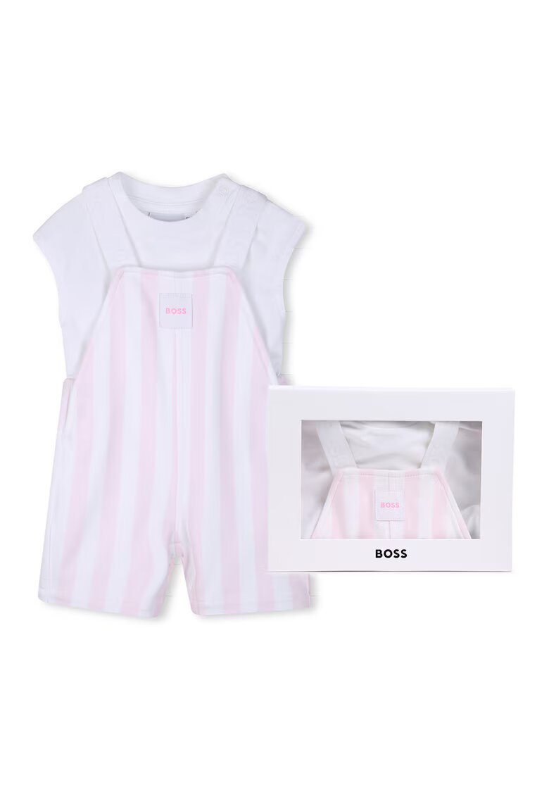 BOSS Kidswear Тениска и гащеризон тип ританки - Бял/Розово