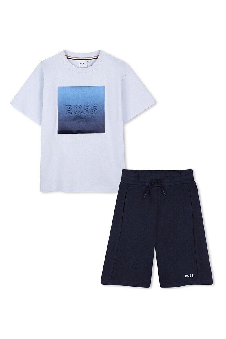 BOSS Kidswear Тениска с шарка и разкроени бермуди Бял/Ултрамарин синьо