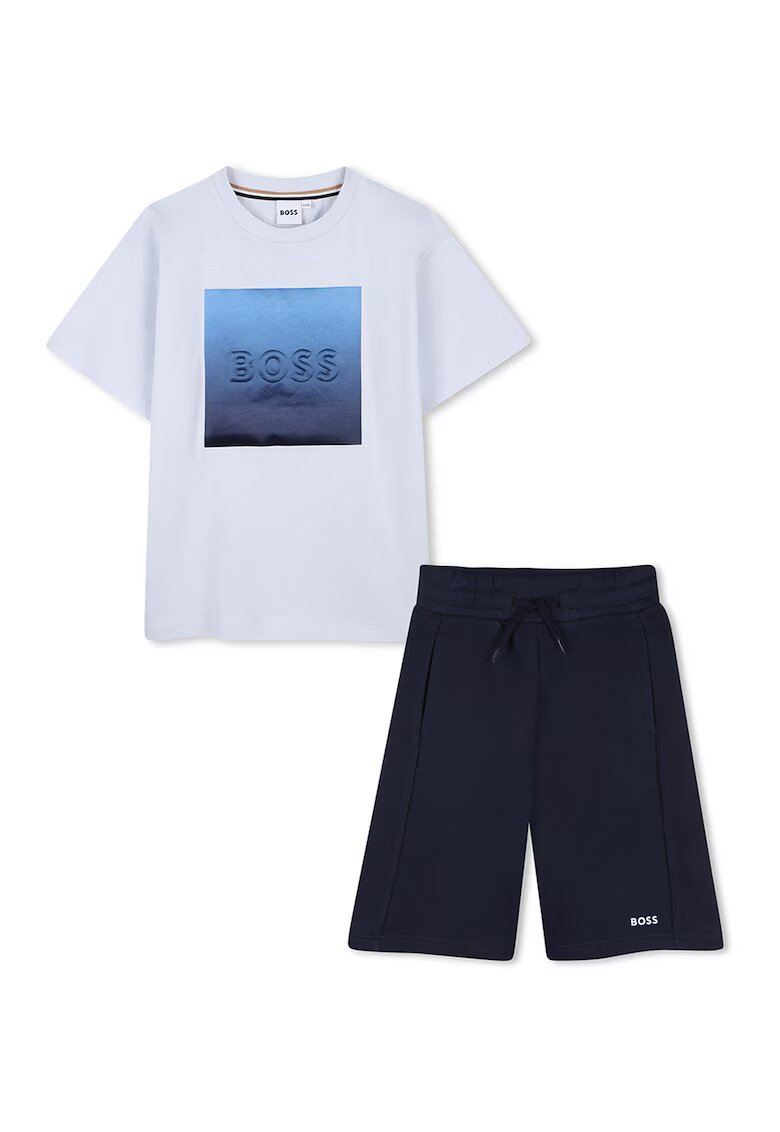 BOSS Kidswear Тениска с шарка и разкроени бермуди - Бял/Ултрамарин синьо