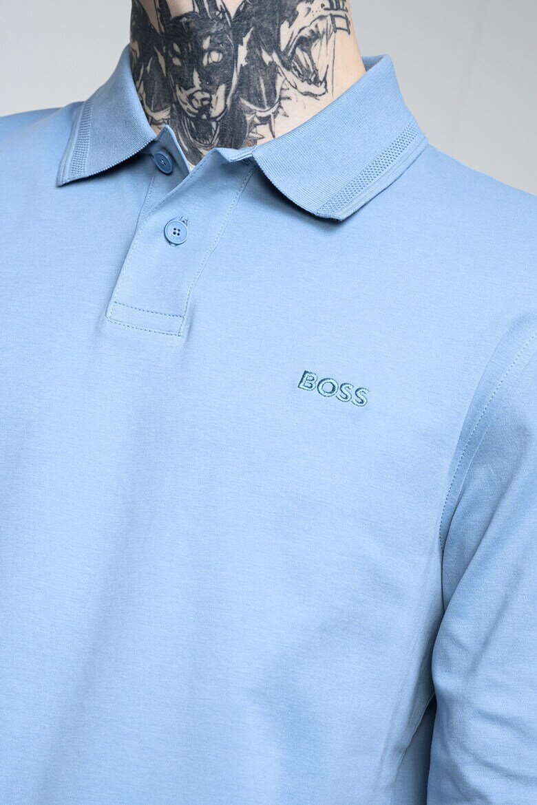 BOSS Памучна блуза Pe_Interlock с яка Пастелносин