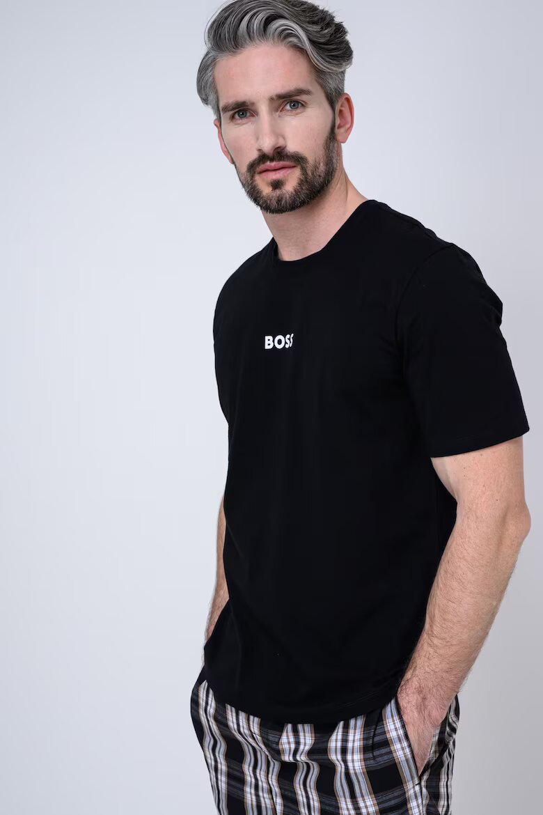 BOSS Памучна пижама на каре и лого Бял/Кафяв/Черен