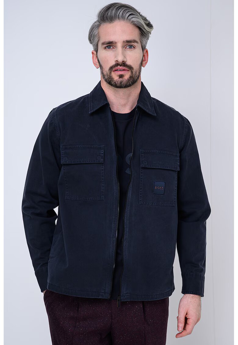 BOSS Риза с цип и класическа яка - Ултрамарин синьо